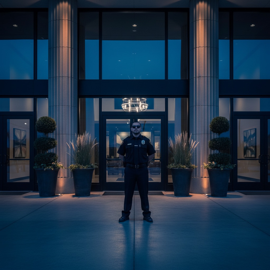 Security officer standing at a commercial building entrance at night