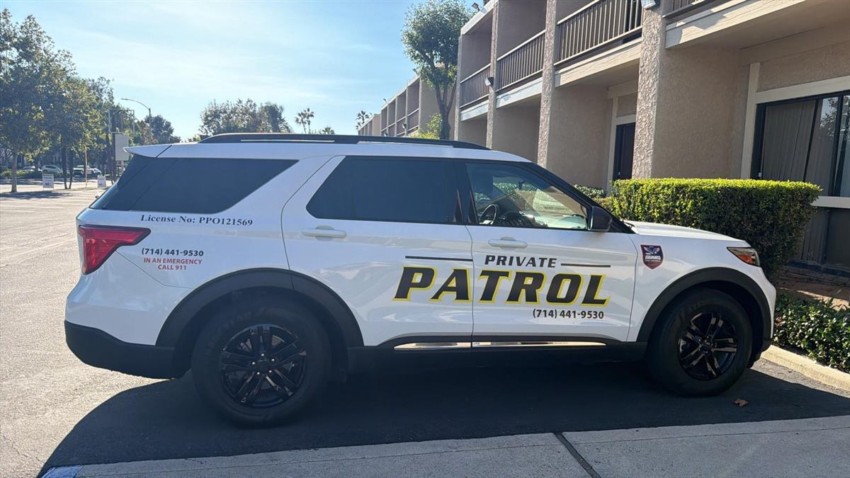 Guard For America marked mobile patrol vehicle on assignment in Anaheim, CA
